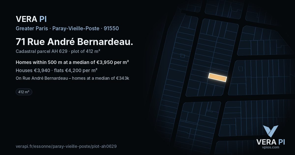 71 Rue André Bernardeau, Paray-Vieille-Poste at night – the plot lit, the parcels around coloured by the prices near them