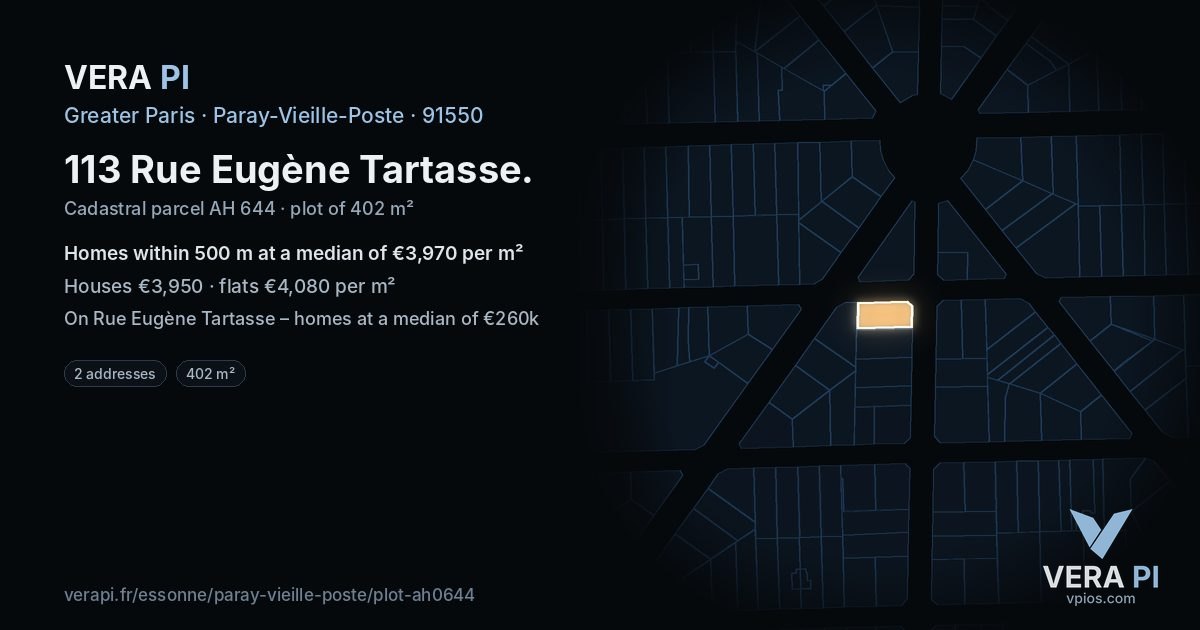 113 Rue Eugène Tartasse, Paray-Vieille-Poste at night – the plot lit, the parcels around coloured by the prices near them