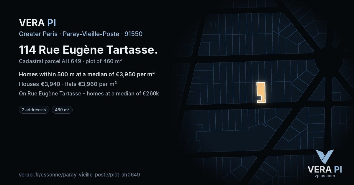 114 Rue Eugène Tartasse, Paray-Vieille-Poste at night – the plot lit, the parcels around coloured by the prices near them