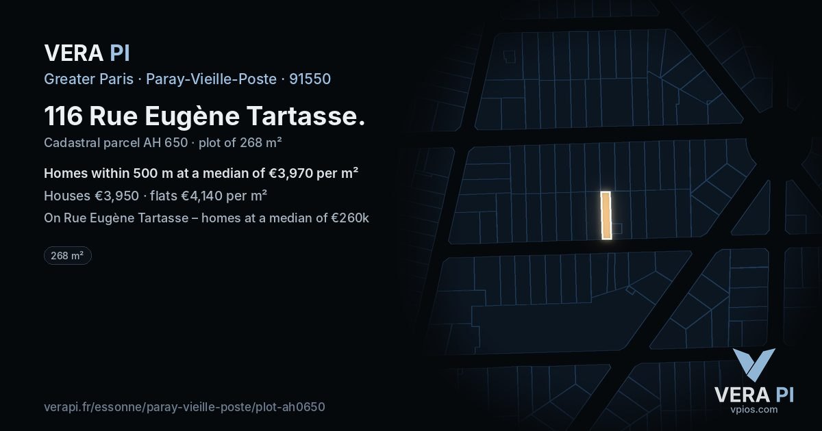116 Rue Eugène Tartasse, Paray-Vieille-Poste at night – the plot lit, the parcels around coloured by the prices near them