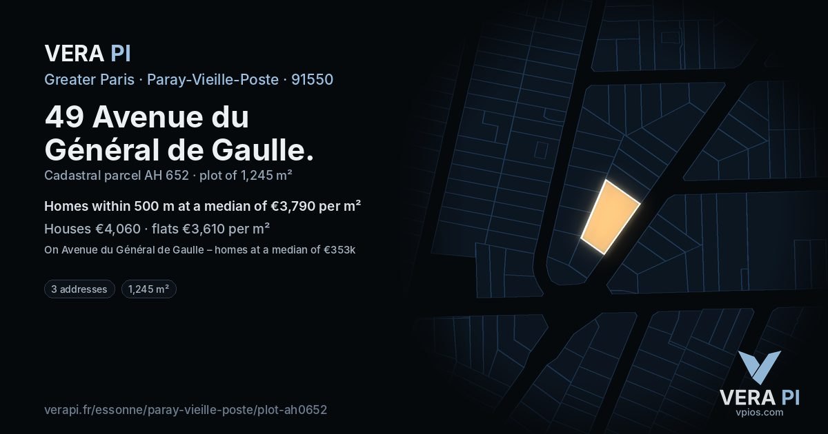 49 Avenue du Général de Gaulle, Paray-Vieille-Poste at night – the plot lit, the parcels around coloured by the prices near them