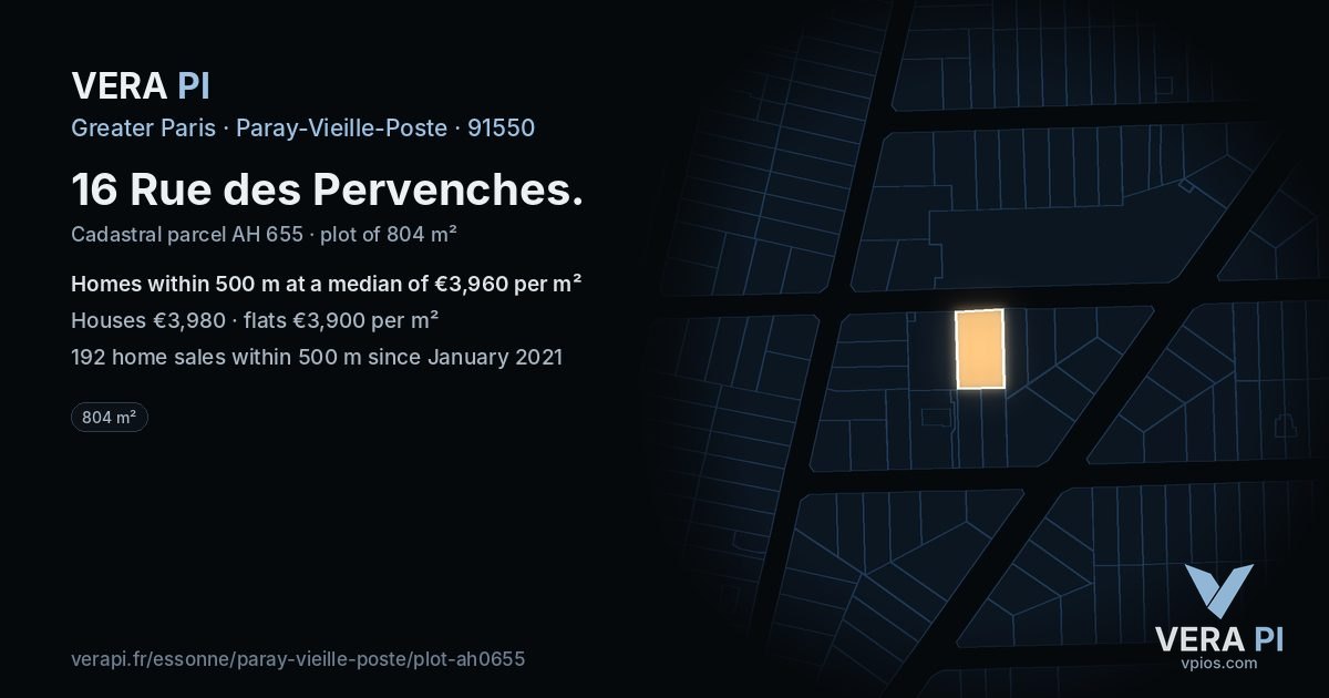 16 Rue des Pervenches, Paray-Vieille-Poste at night – the plot lit, the parcels around coloured by the prices near them