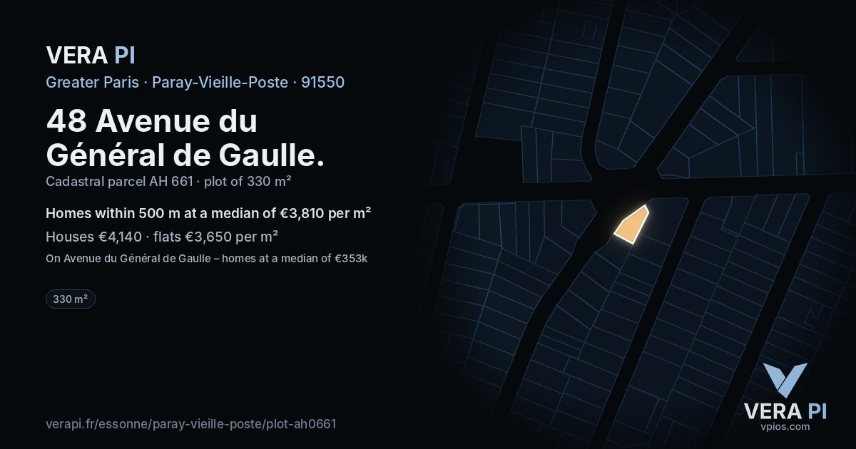 48 Avenue du Général de Gaulle, Paray-Vieille-Poste at night – the plot lit, the parcels around coloured by the prices near them
