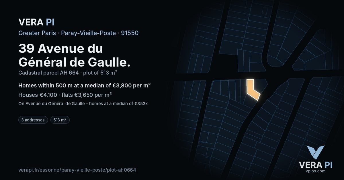 39 Avenue du Général de Gaulle, Paray-Vieille-Poste at night – the plot lit, the parcels around coloured by the prices near them