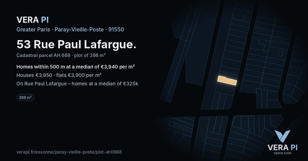 53 Rue Paul Lafargue, Paray-Vieille-Poste at night – the plot lit, the parcels around coloured by the prices near them
