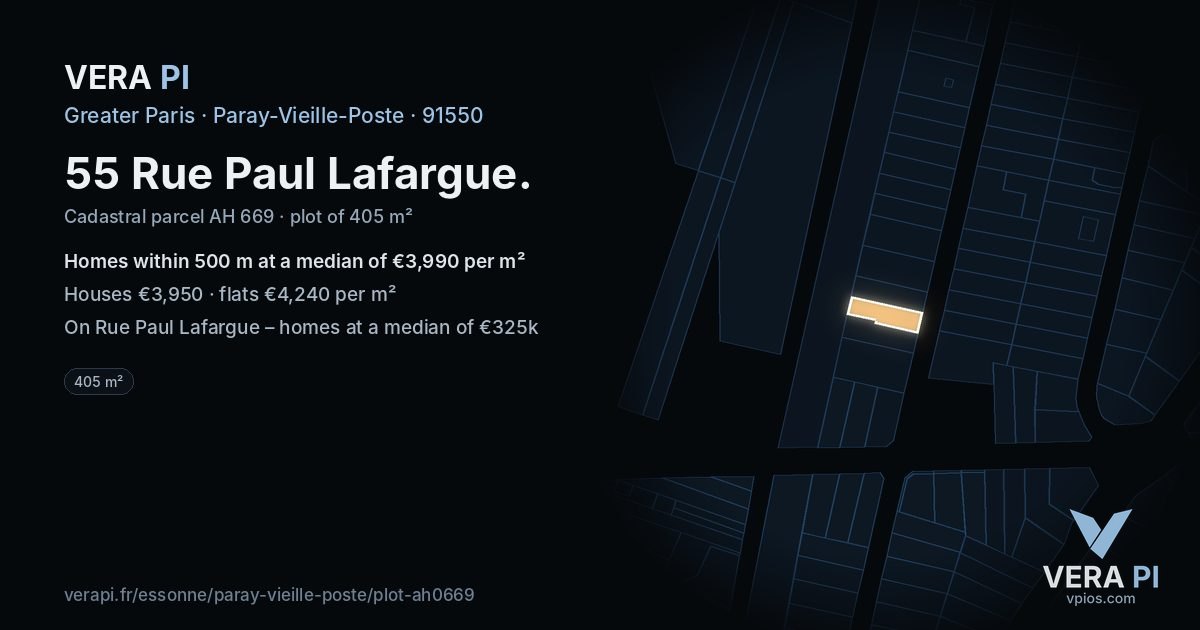 55 Rue Paul Lafargue, Paray-Vieille-Poste at night – the plot lit, the parcels around coloured by the prices near them