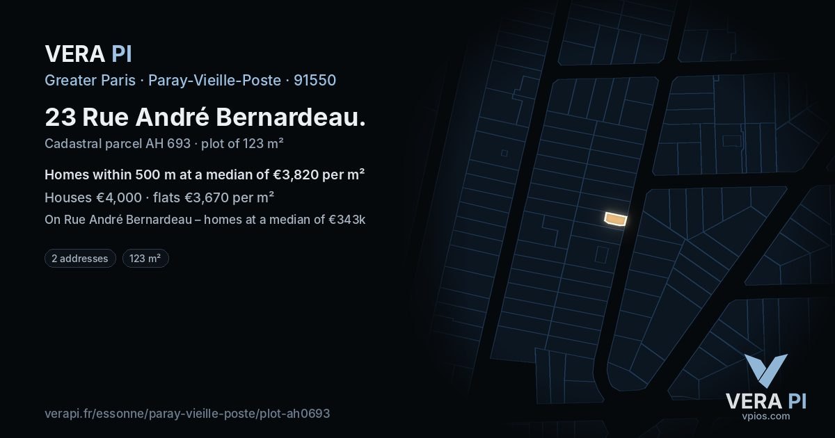 23 Rue André Bernardeau, Paray-Vieille-Poste at night – the plot lit, the parcels around coloured by the prices near them