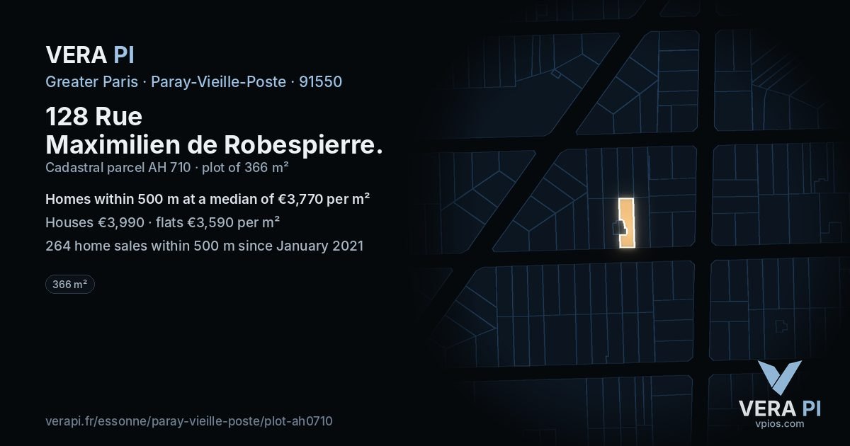 128 Rue Maximilien de Robespierre, Paray-Vieille-Poste at night – the plot lit, the parcels around coloured by the prices near them