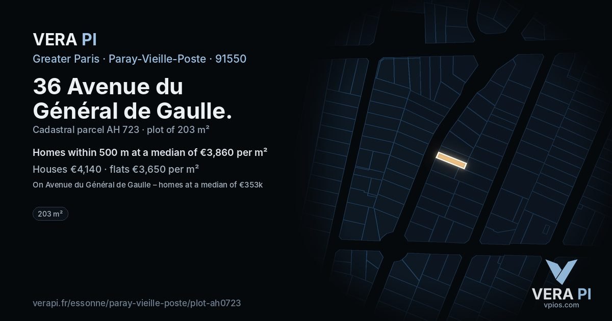 36 Avenue du Général de Gaulle, Paray-Vieille-Poste at night – the plot lit, the parcels around coloured by the prices near them