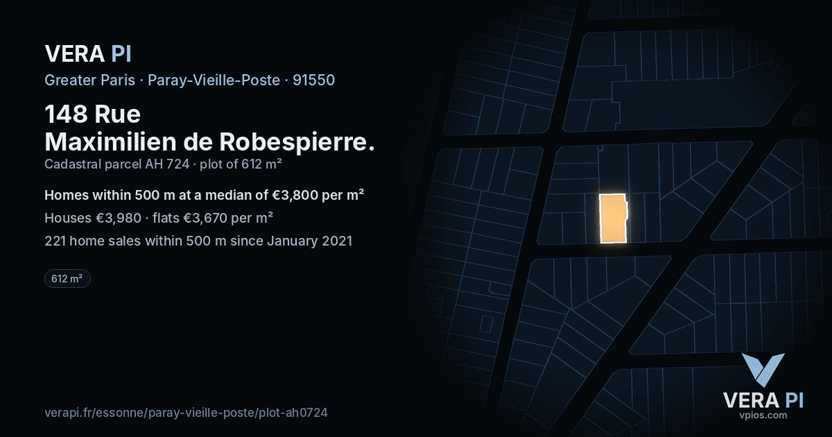 148 Rue Maximilien de Robespierre, Paray-Vieille-Poste at night – the plot lit, the parcels around coloured by the prices near them