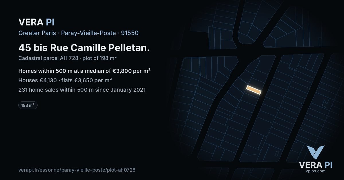 45 bis Rue Camille Pelletan, Paray-Vieille-Poste at night – the plot lit, the parcels around coloured by the prices near them