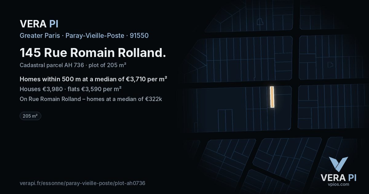 145 Rue Romain Rolland, Paray-Vieille-Poste at night – the plot lit, the parcels around coloured by the prices near them