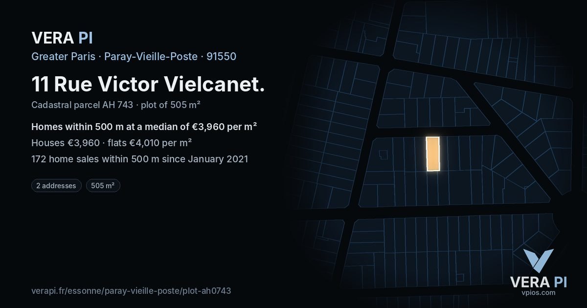 11 Rue Victor Vielcanet, Paray-Vieille-Poste at night – the plot lit, the parcels around coloured by the prices near them