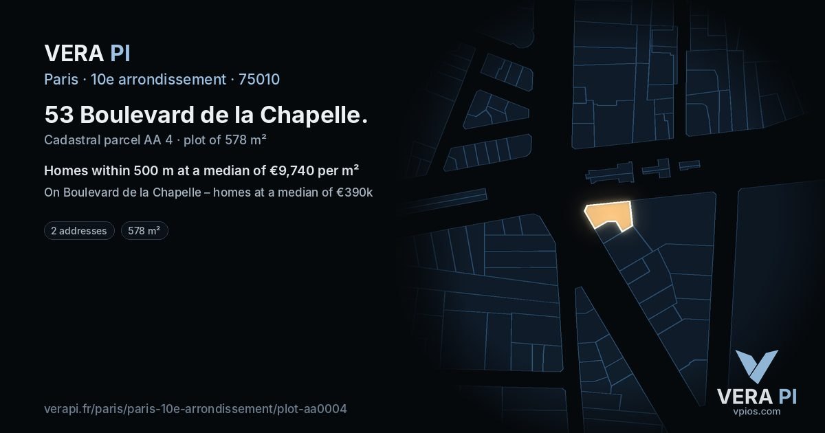 53 Boulevard de la Chapelle, 10e arrondissement at night – the plot lit, the parcels around coloured by the prices near them