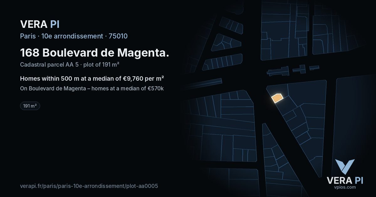 168 Boulevard de Magenta, 10e arrondissement at night – the plot lit, the parcels around coloured by the prices near them