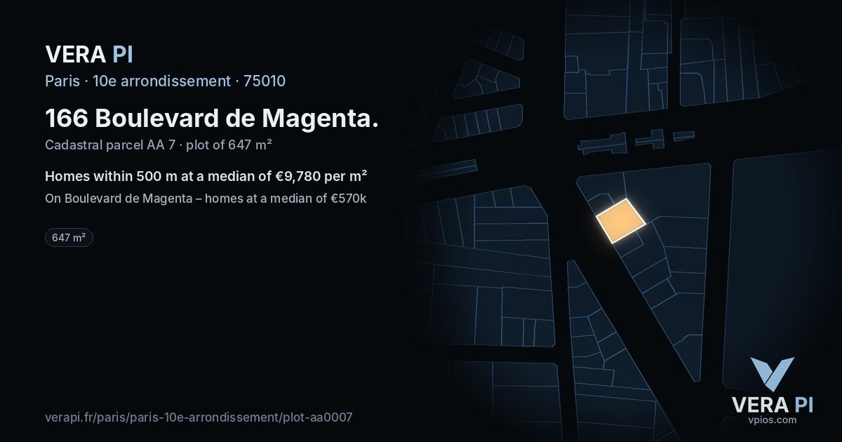 166 Boulevard de Magenta, 10e arrondissement at night – the plot lit, the parcels around coloured by the prices near them