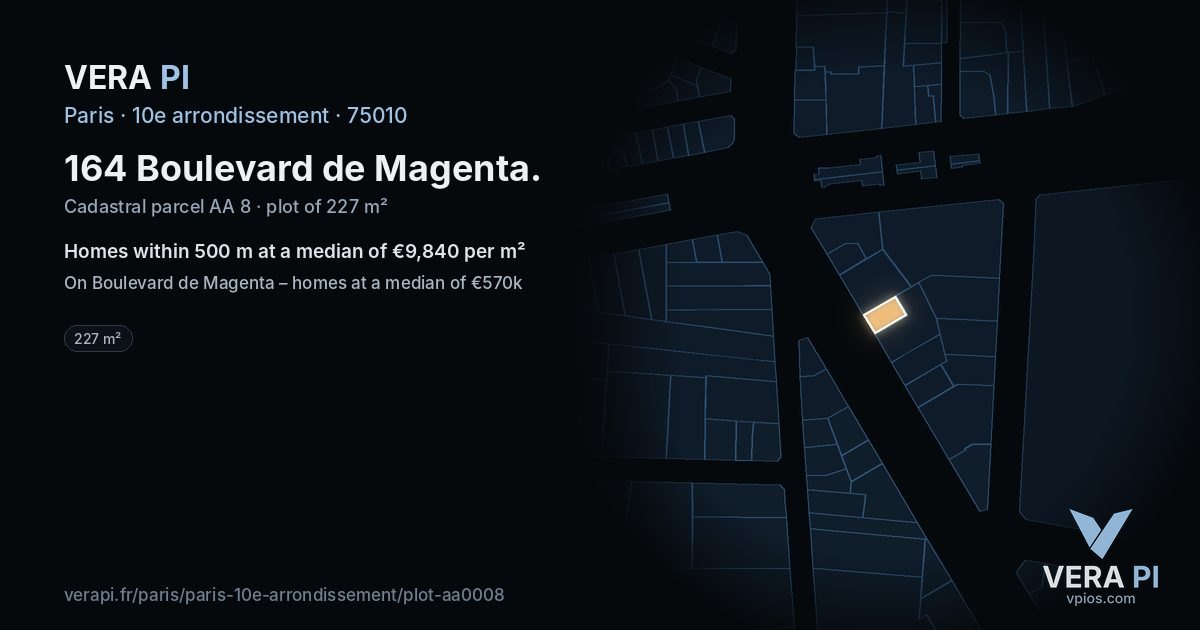 164 Boulevard de Magenta, 10e arrondissement at night – the plot lit, the parcels around coloured by the prices near them