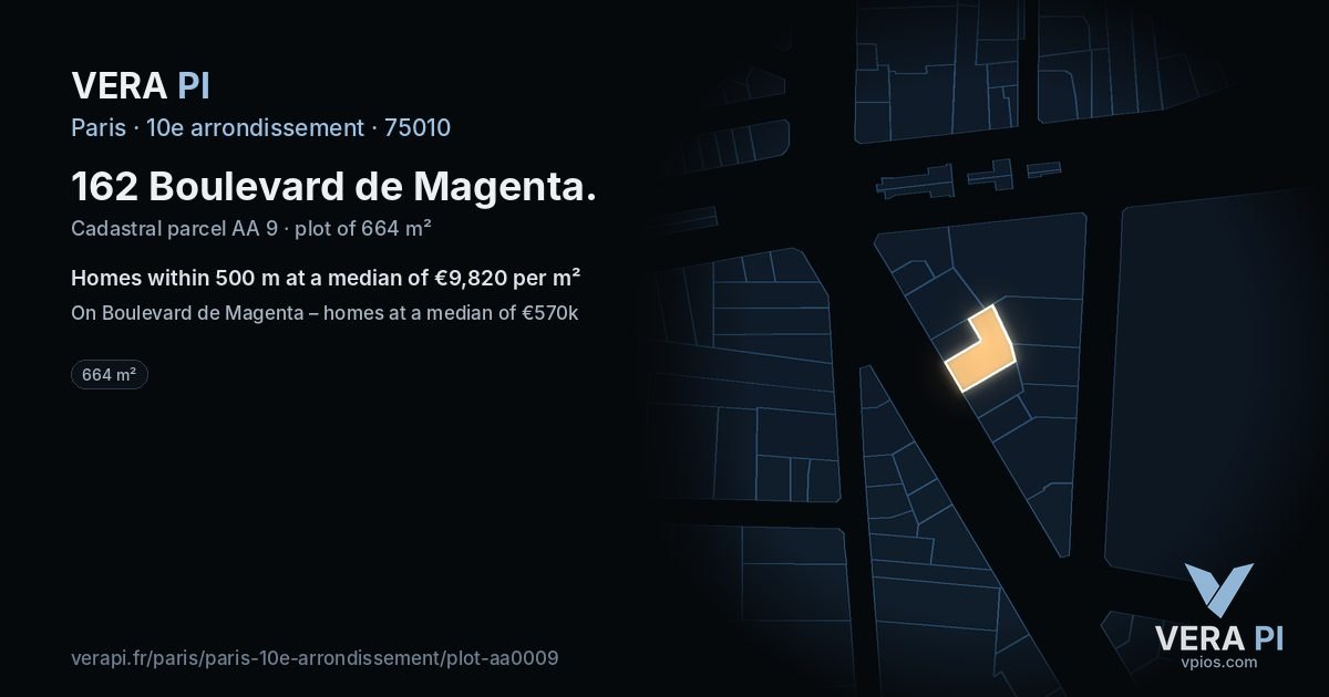 162 Boulevard de Magenta, 10e arrondissement at night – the plot lit, the parcels around coloured by the prices near them