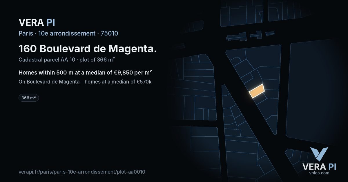 160 Boulevard de Magenta, 10e arrondissement at night – the plot lit, the parcels around coloured by the prices near them