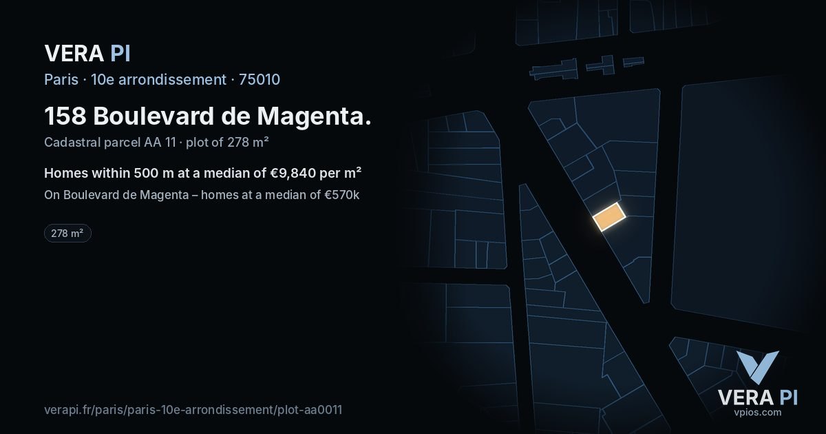 158 Boulevard de Magenta, 10e arrondissement at night – the plot lit, the parcels around coloured by the prices near them