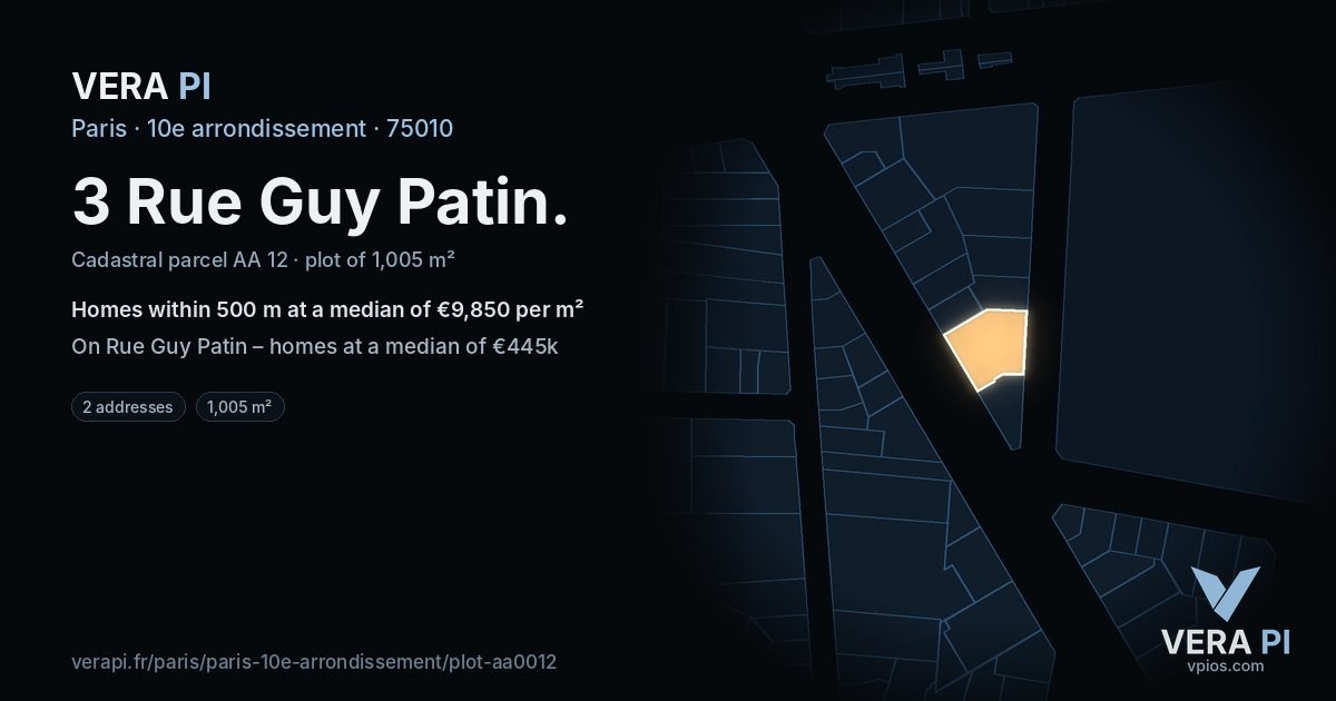 3 Rue Guy Patin, 10e arrondissement at night – the plot lit, the parcels around coloured by the prices near them