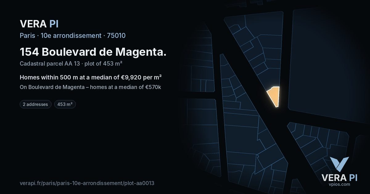 154 Boulevard de Magenta, 10e arrondissement at night – the plot lit, the parcels around coloured by the prices near them