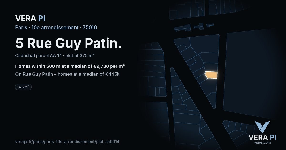 5 Rue Guy Patin, 10e arrondissement at night – the plot lit, the parcels around coloured by the prices near them