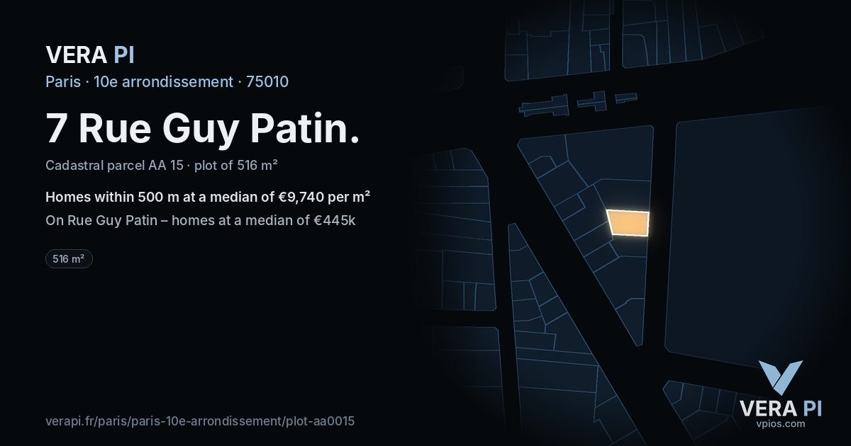 7 Rue Guy Patin, 10e arrondissement at night – the plot lit, the parcels around coloured by the prices near them