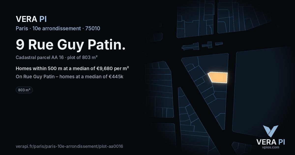 9 Rue Guy Patin, 10e arrondissement at night – the plot lit, the parcels around coloured by the prices near them