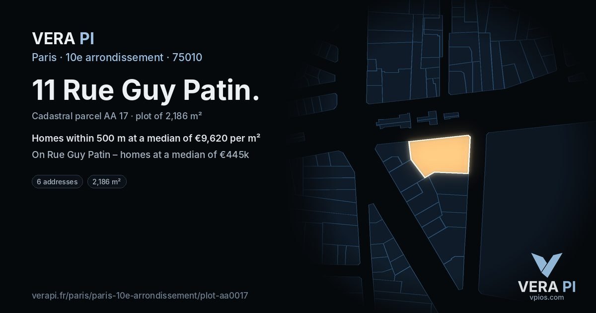 11 Rue Guy Patin, 10e arrondissement at night – the plot lit, the parcels around coloured by the prices near them