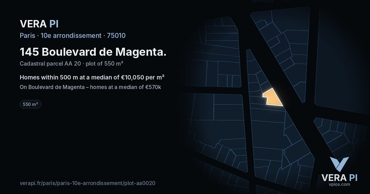 145 Boulevard de Magenta, 10e arrondissement at night – the plot lit, the parcels around coloured by the prices near them