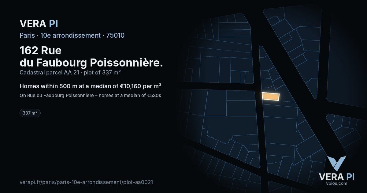 162 Rue du Faubourg Poissonnière, 10e arrondissement at night – the plot lit, the parcels around coloured by the prices near them