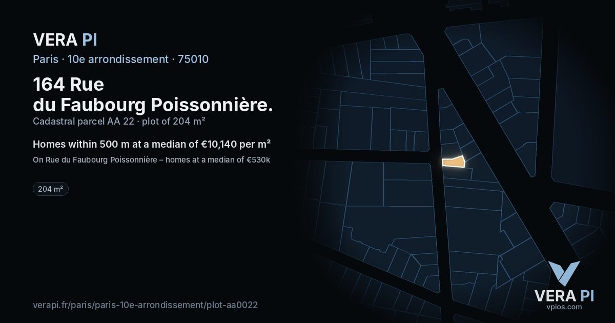 164 Rue du Faubourg Poissonnière, 10e arrondissement at night – the plot lit, the parcels around coloured by the prices near them