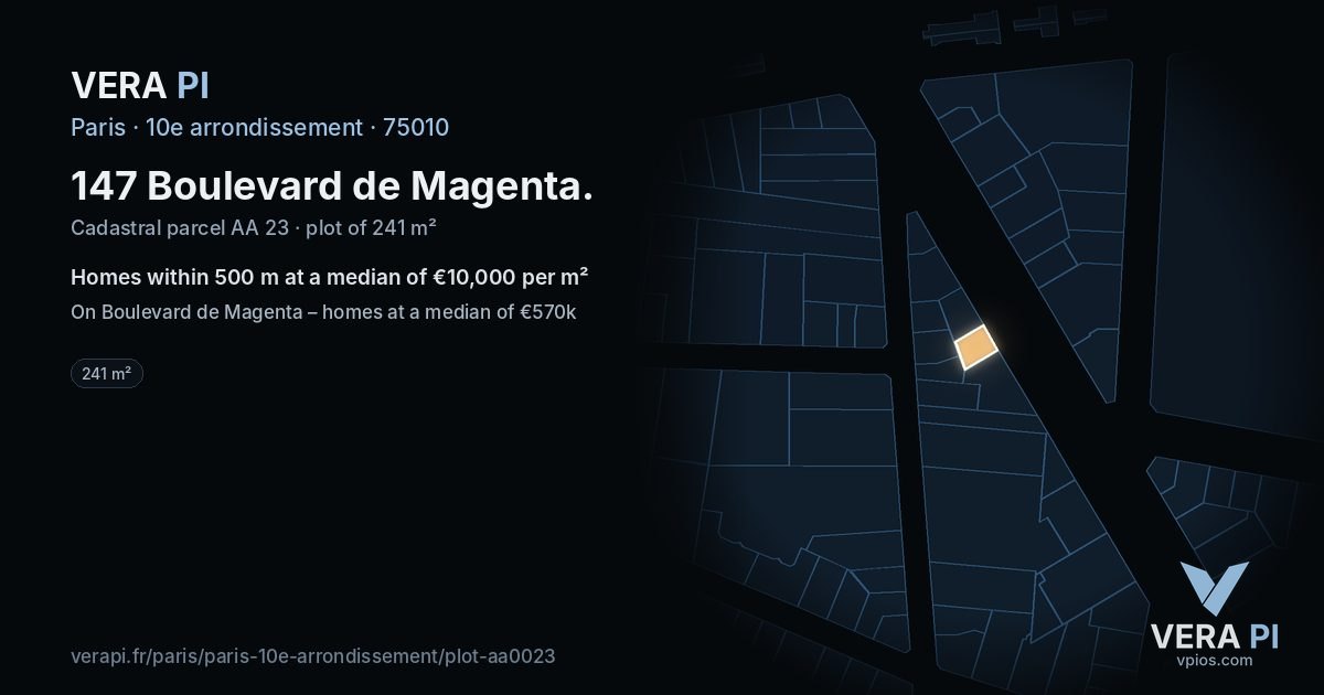 147 Boulevard de Magenta, 10e arrondissement at night – the plot lit, the parcels around coloured by the prices near them