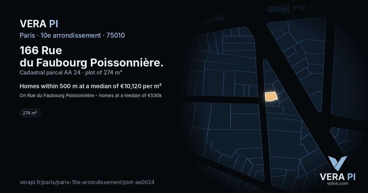 166 Rue du Faubourg Poissonnière, 10e arrondissement at night – the plot lit, the parcels around coloured by the prices near them