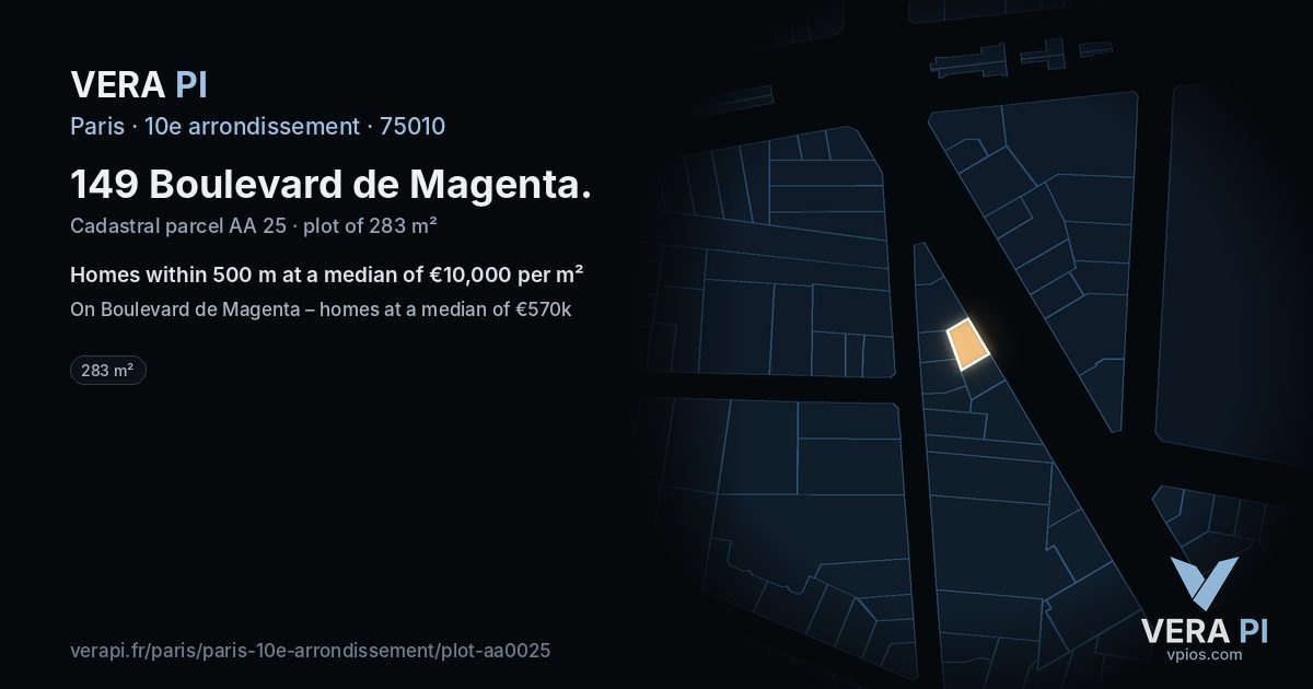 149 Boulevard de Magenta, 10e arrondissement at night – the plot lit, the parcels around coloured by the prices near them
