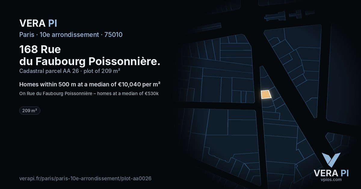 168 Rue du Faubourg Poissonnière, 10e arrondissement at night – the plot lit, the parcels around coloured by the prices near them