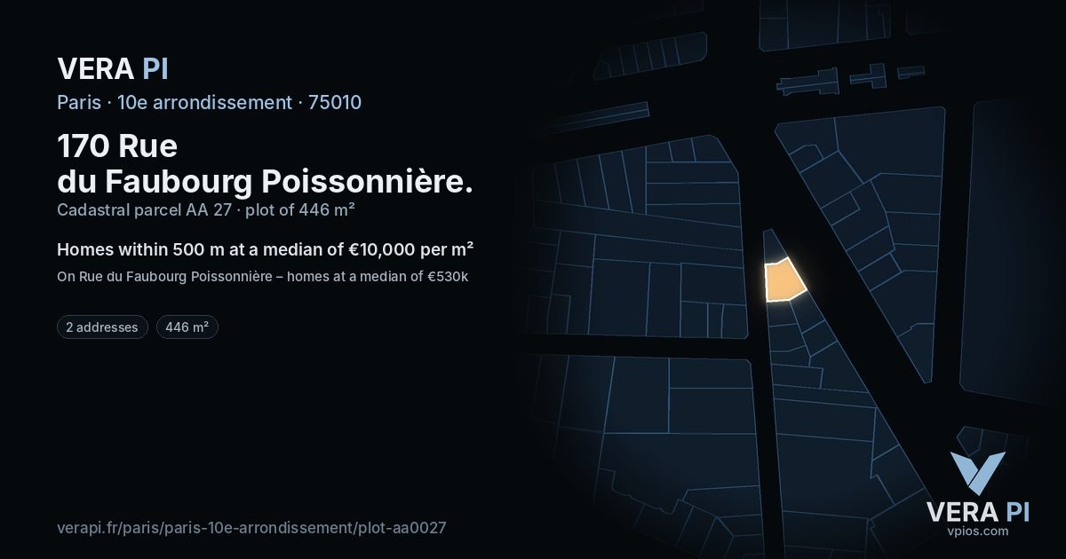 170 Rue du Faubourg Poissonnière, 10e arrondissement at night – the plot lit, the parcels around coloured by the prices near them