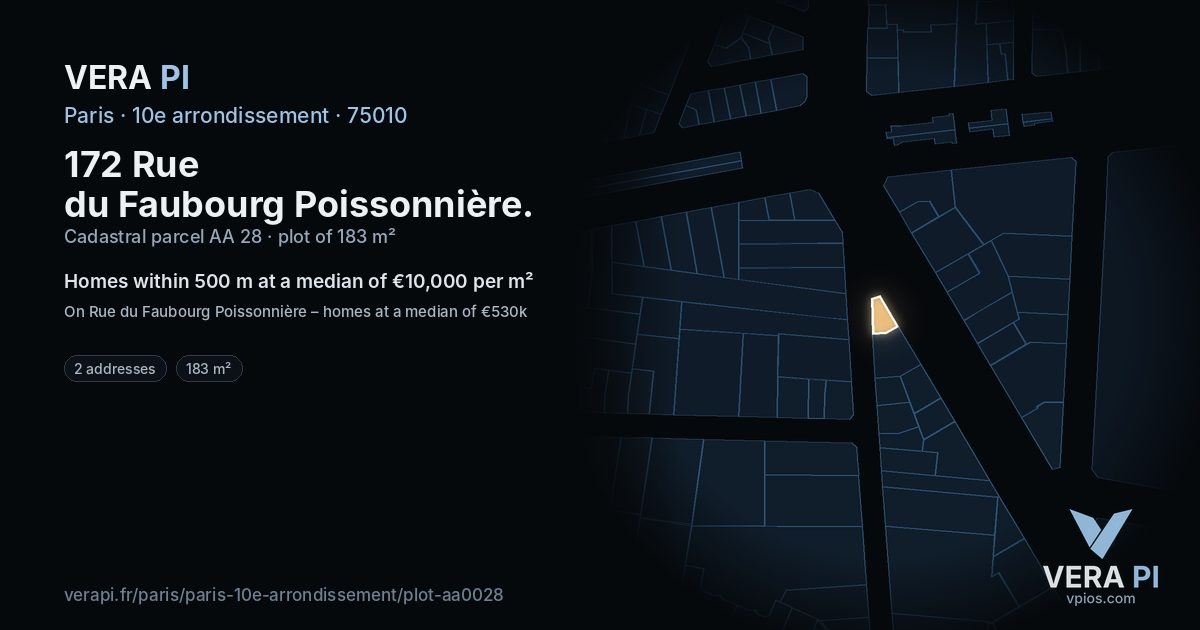 172 Rue du Faubourg Poissonnière, 10e arrondissement at night – the plot lit, the parcels around coloured by the prices near them