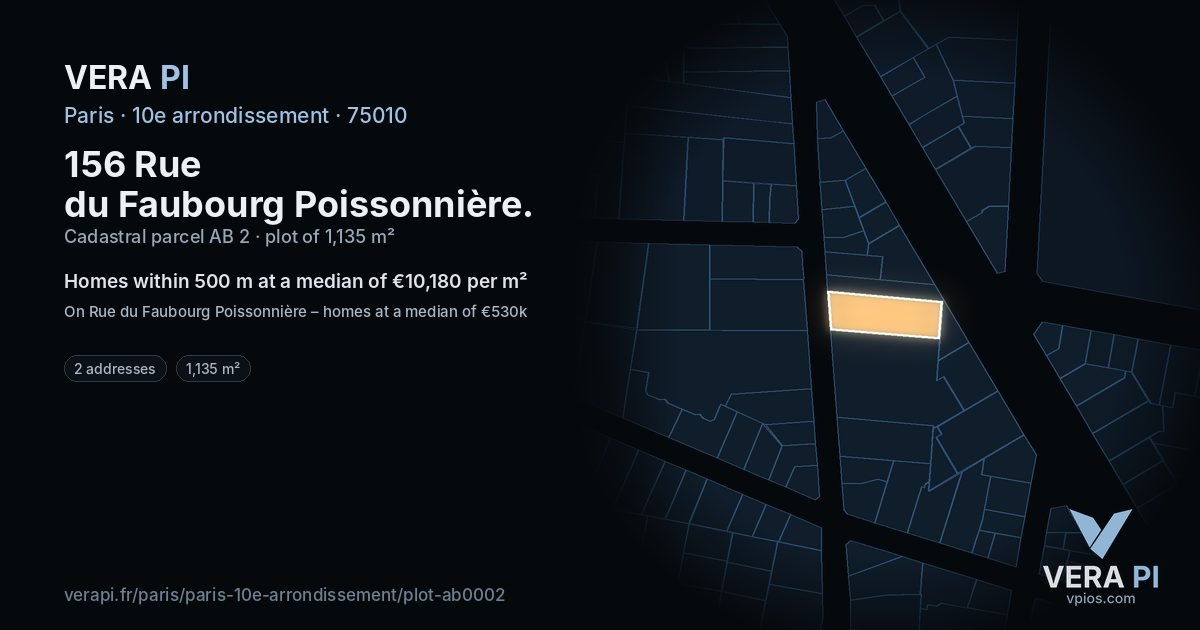 156 Rue du Faubourg Poissonnière, 10e arrondissement at night – the plot lit, the parcels around coloured by the prices near them