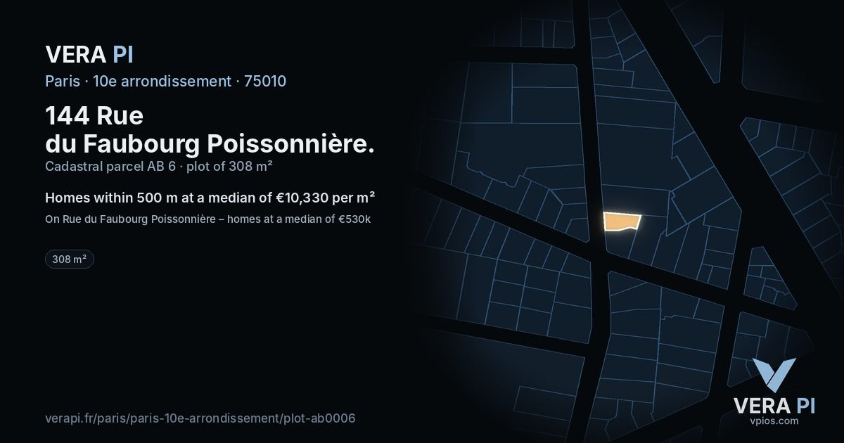 144 Rue du Faubourg Poissonnière, 10e arrondissement at night – the plot lit, the parcels around coloured by the prices near them