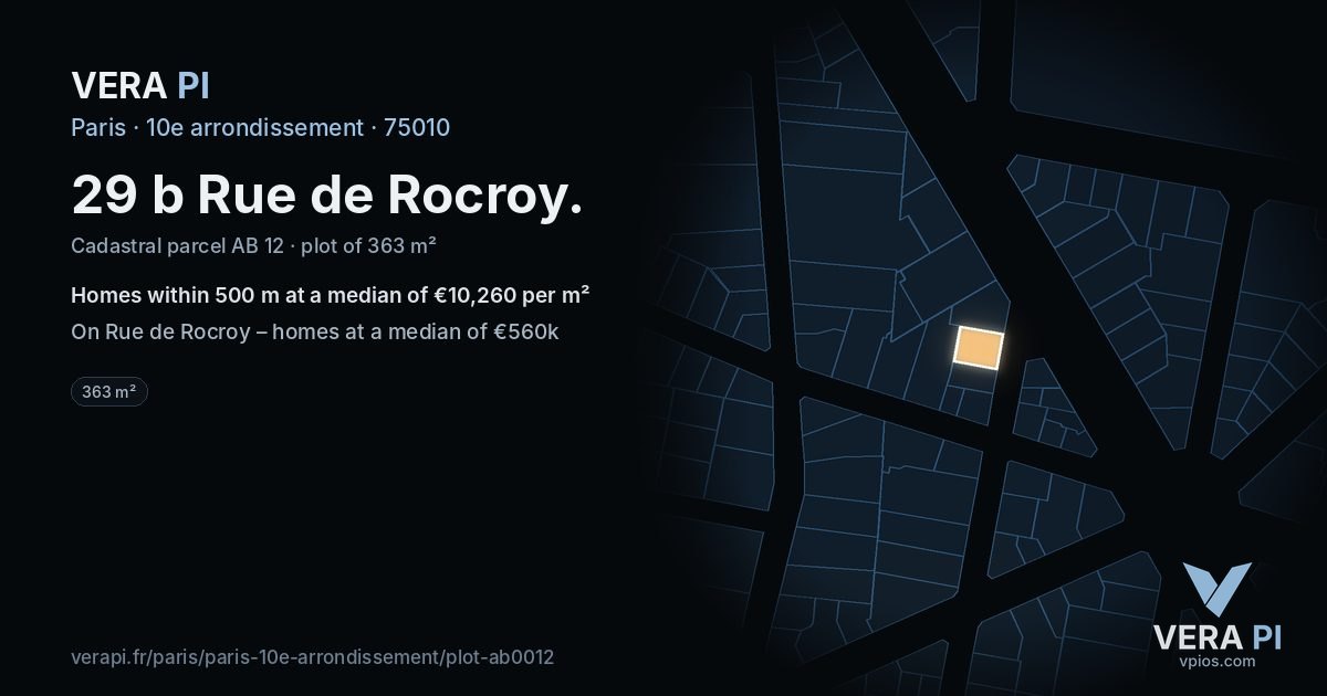 29 b Rue de Rocroy, 10e arrondissement at night – the plot lit, the parcels around coloured by the prices near them