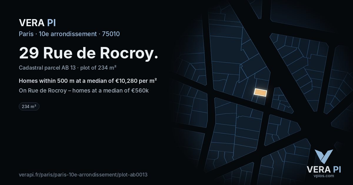 29 Rue de Rocroy, 10e arrondissement at night – the plot lit, the parcels around coloured by the prices near them