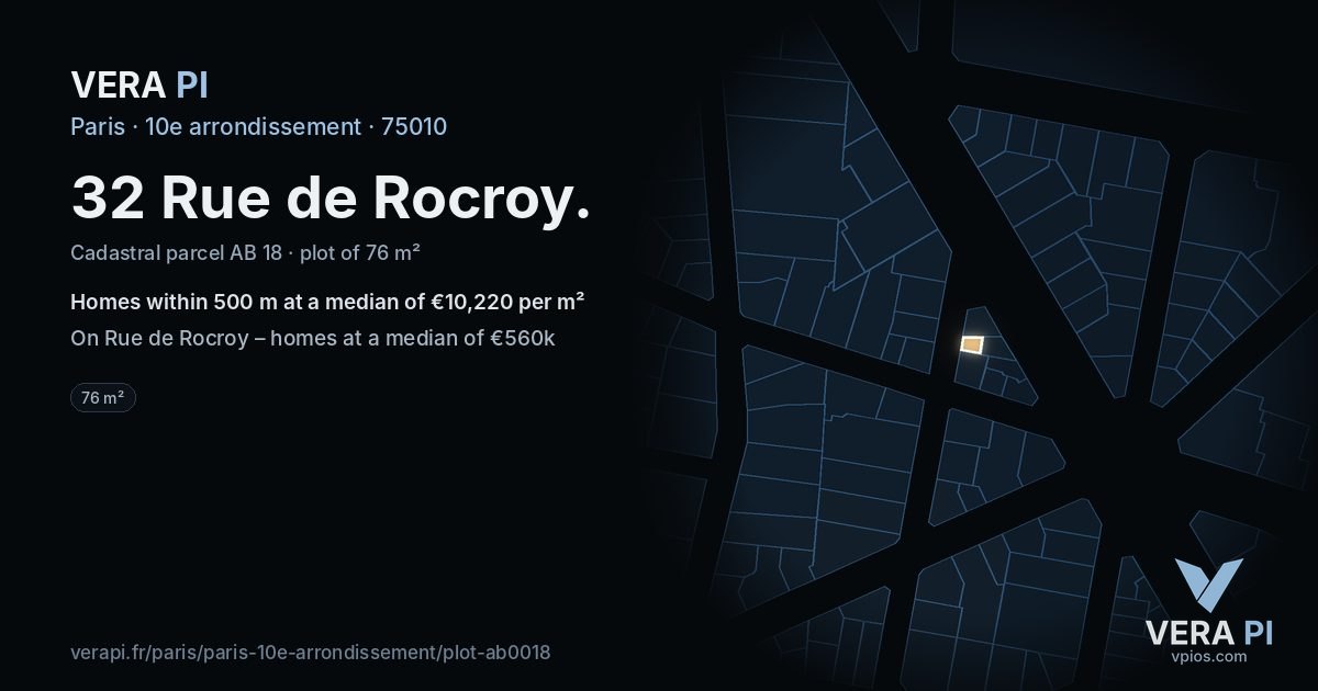 32 Rue de Rocroy, 10e arrondissement at night – the plot lit, the parcels around coloured by the prices near them