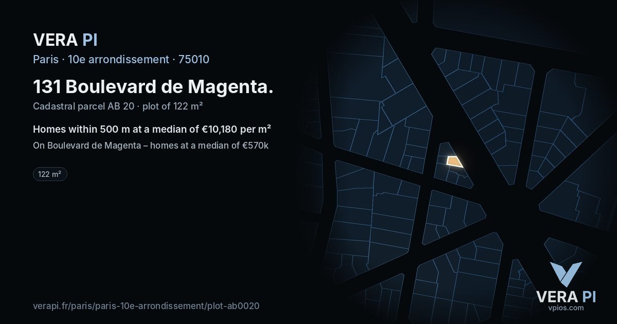 131 Boulevard de Magenta, 10e arrondissement at night – the plot lit, the parcels around coloured by the prices near them