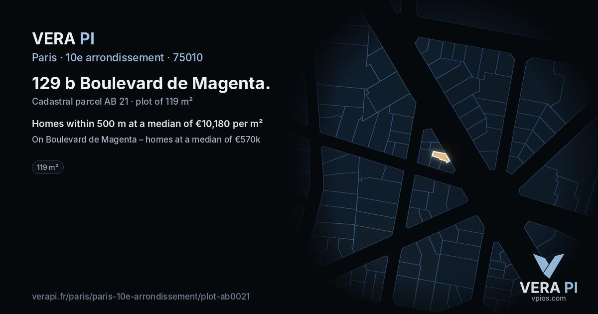 129 b Boulevard de Magenta, 10e arrondissement at night – the plot lit, the parcels around coloured by the prices near them