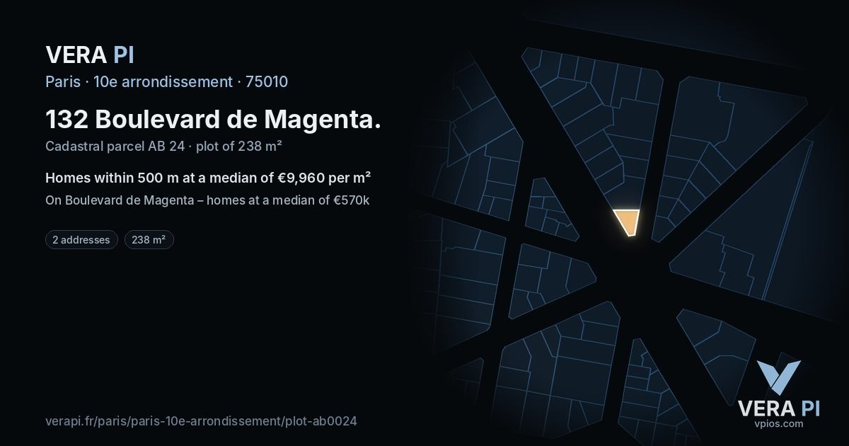 132 Boulevard de Magenta, 10e arrondissement at night – the plot lit, the parcels around coloured by the prices near them