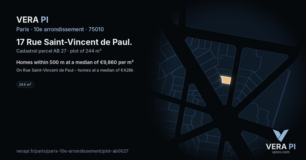17 Rue Saint-Vincent de Paul, 10e arrondissement at night – the plot lit, the parcels around coloured by the prices near them