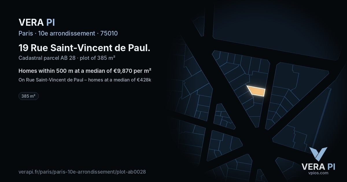 19 Rue Saint-Vincent de Paul, 10e arrondissement at night – the plot lit, the parcels around coloured by the prices near them