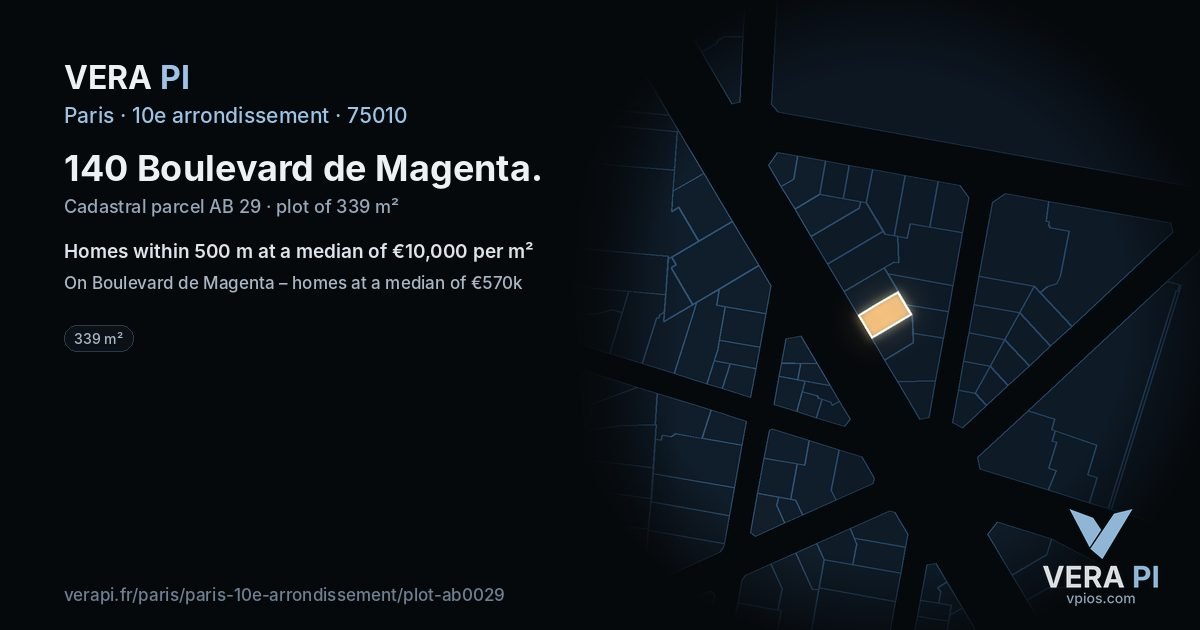 140 Boulevard de Magenta, 10e arrondissement at night – the plot lit, the parcels around coloured by the prices near them